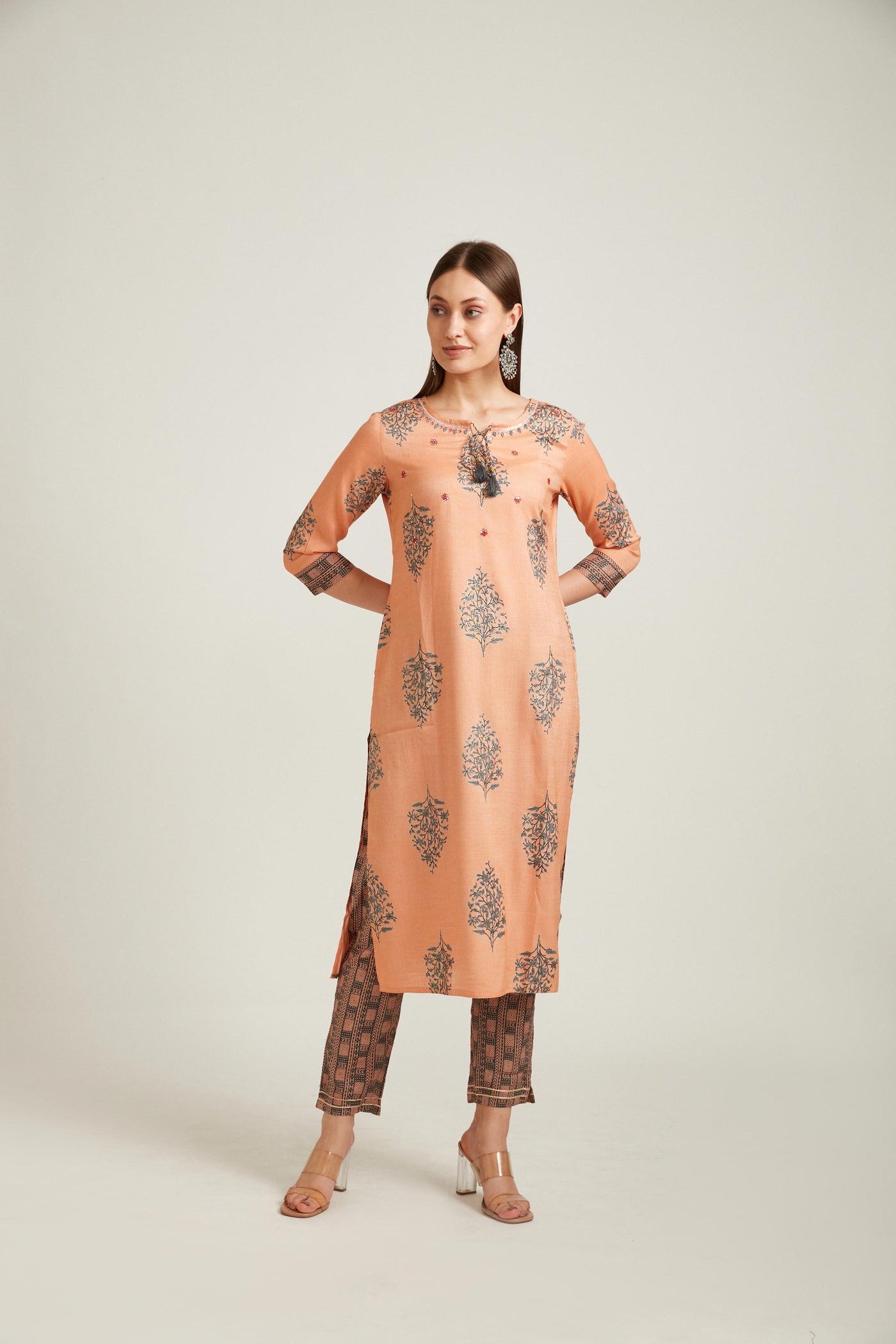 Neeru's Coral Color Slub Rayon Fabric Salwar Kameez