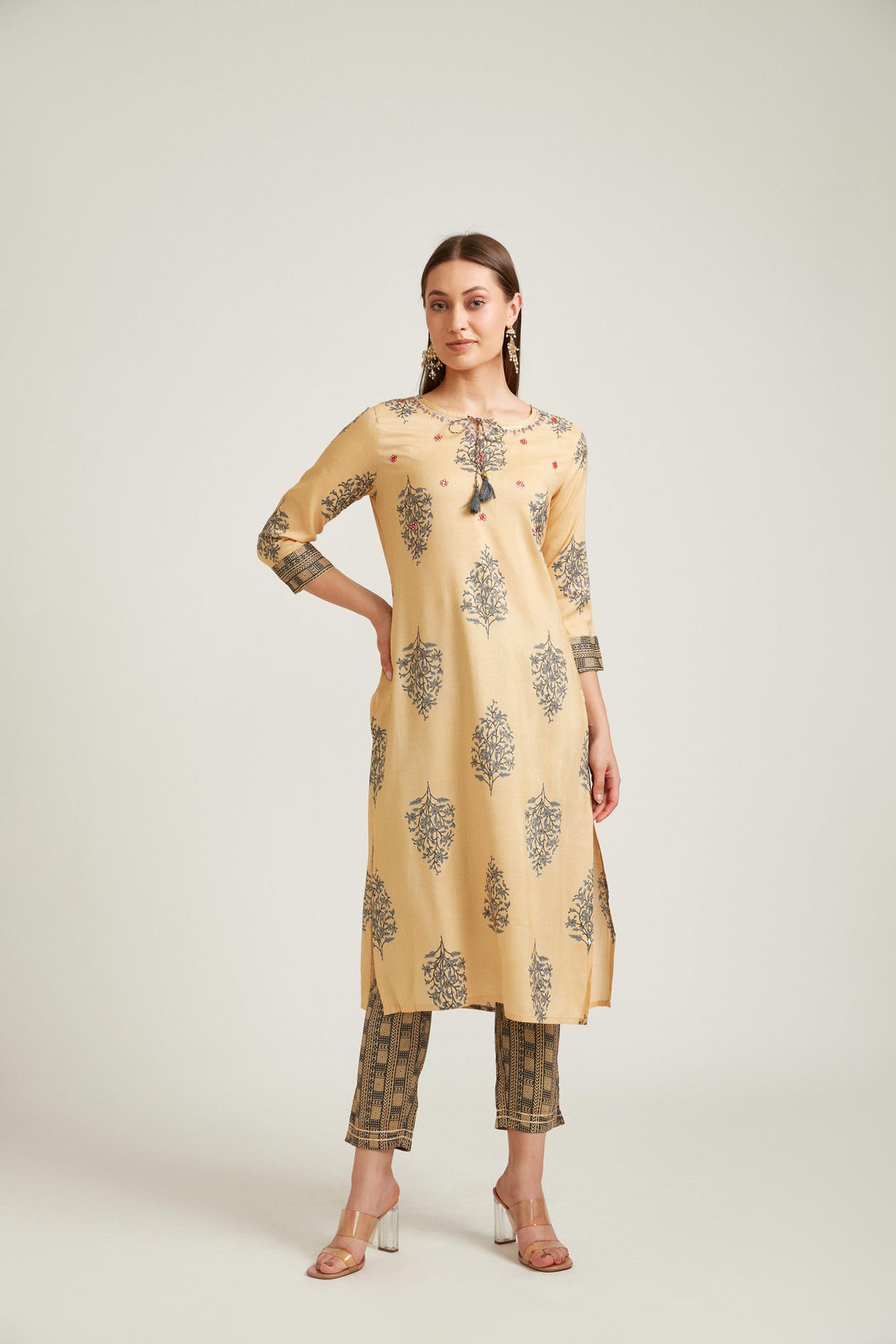 Neerus Yellow Color Slub Rayon Fabric Salwar Kameez