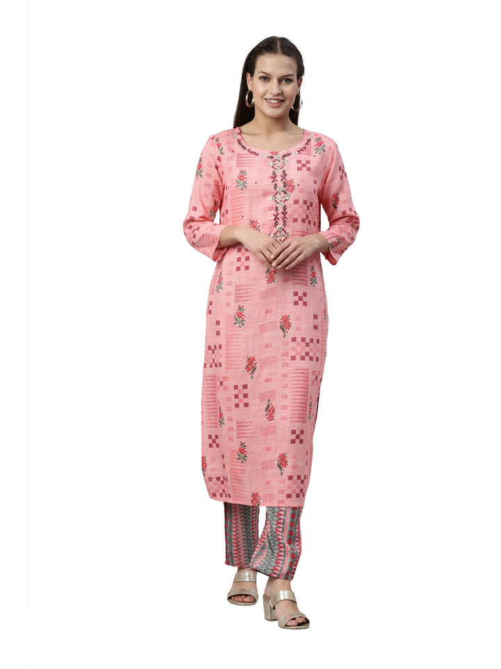 Neerus Pink Color Slub Rayon Fabric Kurta Set