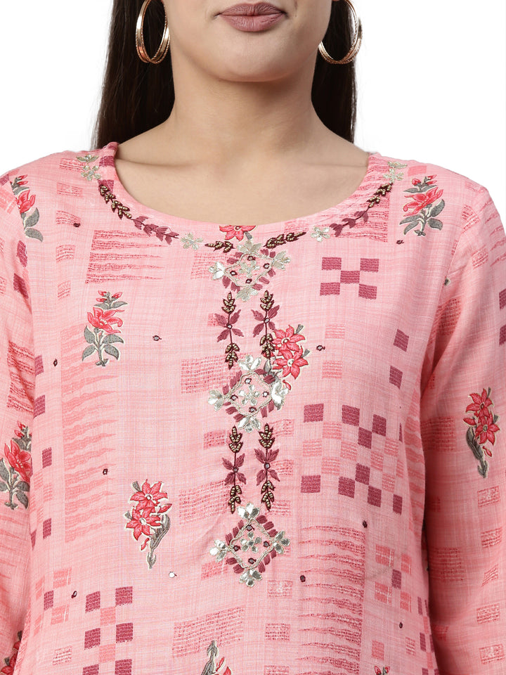 Neerus Pink Color Slub Rayon Fabric Kurta Set