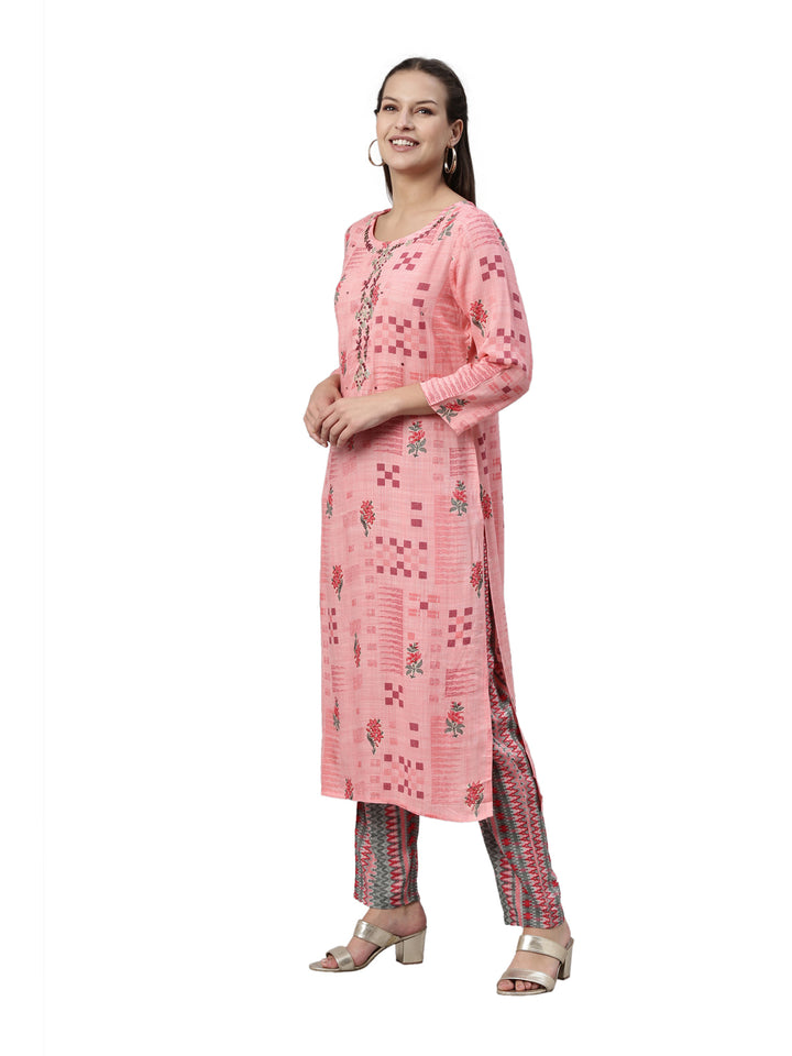 Neerus Pink Color Slub Rayon Fabric Kurta Set