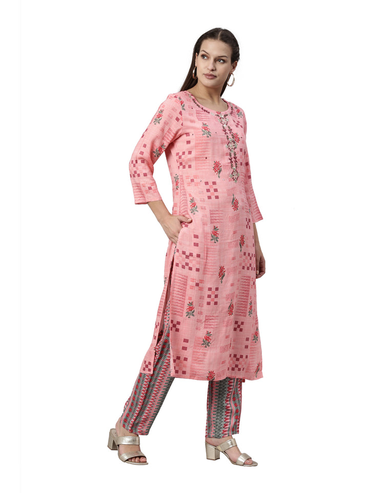 Neerus Pink Color Slub Rayon Fabric Kurta Set