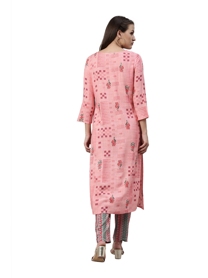 Neerus Pink Color Slub Rayon Fabric Kurta Set