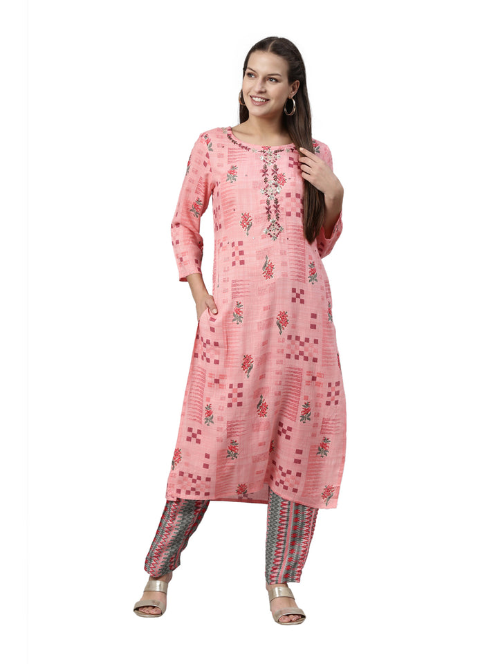 Neerus Pink Color Slub Rayon Fabric Kurta Set