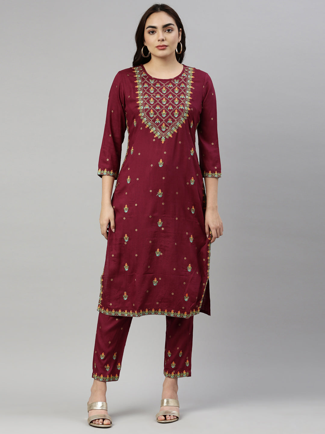Neerus Maroon rayon solid kurta with trouser - front view