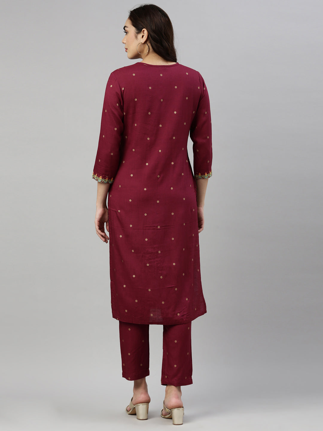 Neerus Maroon rayon solid kurta with trouser - detail view 1