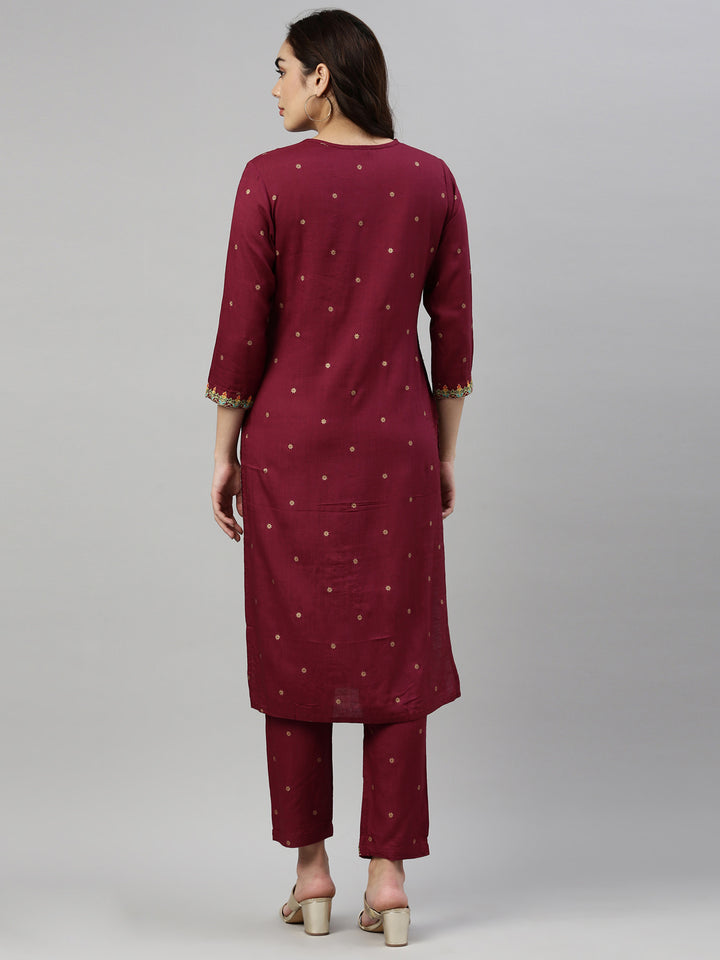 Neerus Maroon rayon solid kurta with trouser - detail view 1