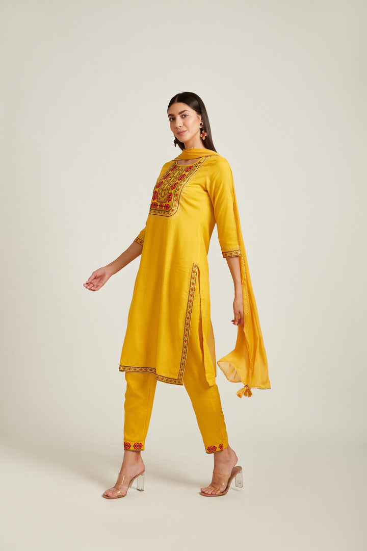 Neerus Mustard Color Slub Rayon Fabric Salwar Kameez