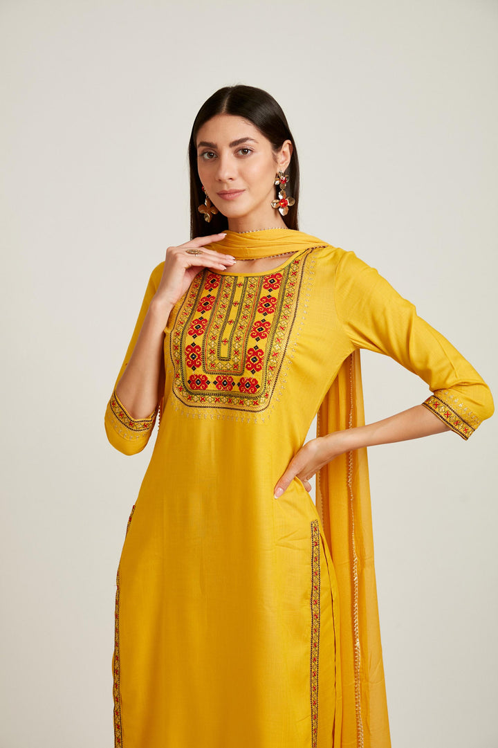 Neerus Mustard Color Slub Rayon Fabric Salwar Kameez