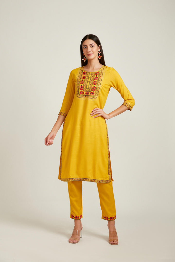 Neerus Mustard Color Slub Rayon Fabric Salwar Kameez