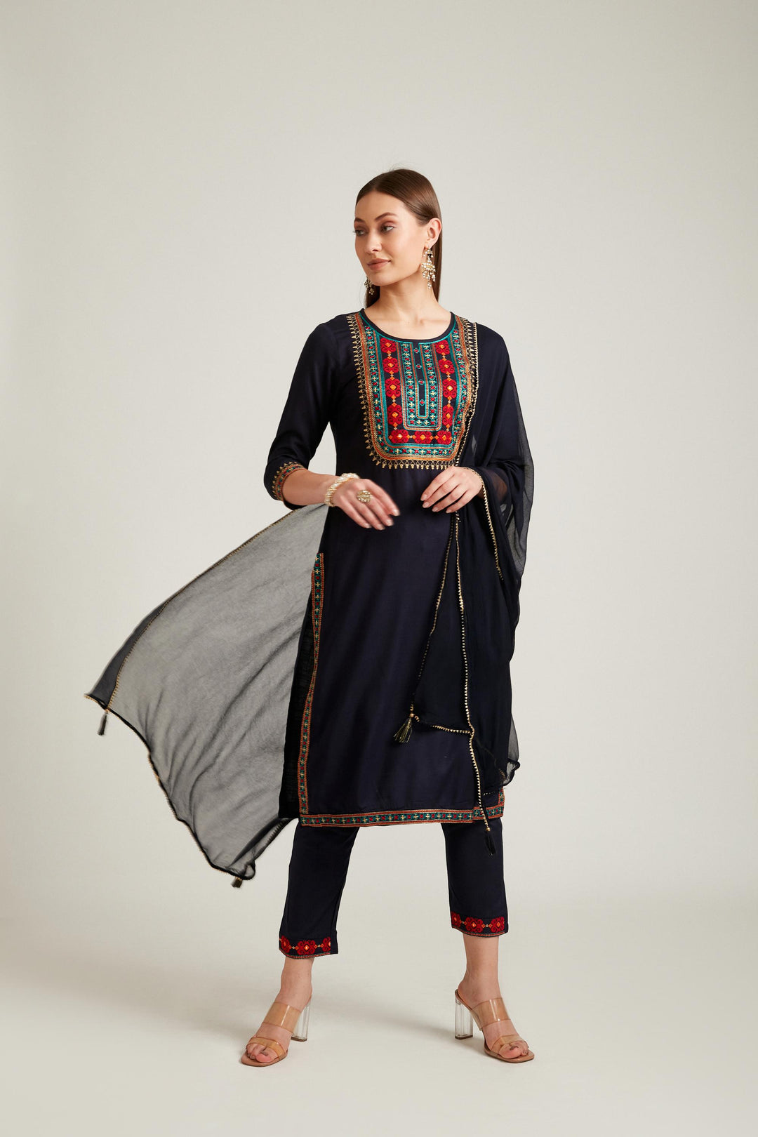 Neerus Navy Blue Color Slub Rayon Fabric Salwar Kameez