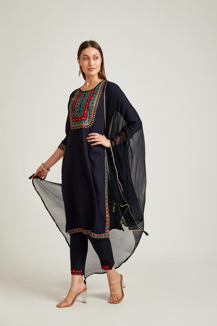 Neerus Navy Blue Color Slub Rayon Fabric Salwar Kameez