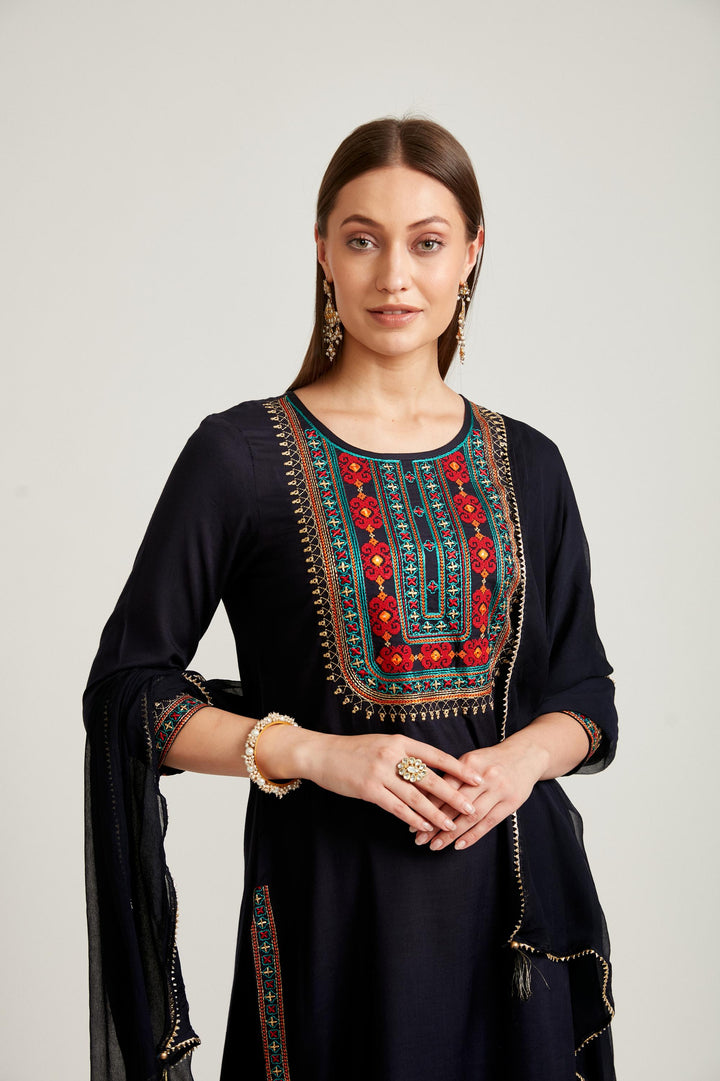 Neerus Navy Blue Color Slub Rayon Fabric Salwar Kameez