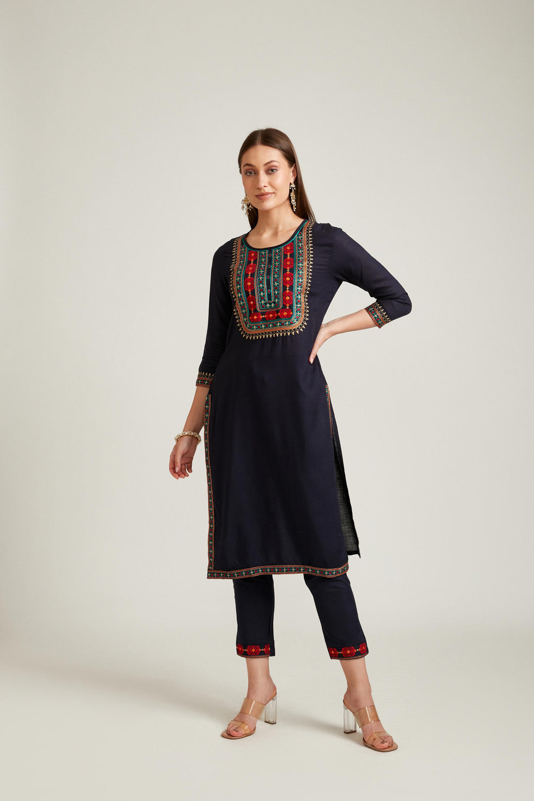 Neerus Navy Blue Color Slub Rayon Fabric Salwar Kameez