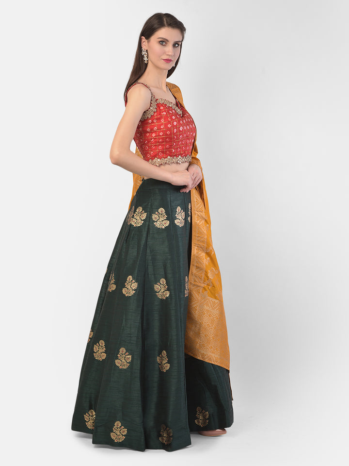Neerus Green Banarasi woven lehenga set - back view