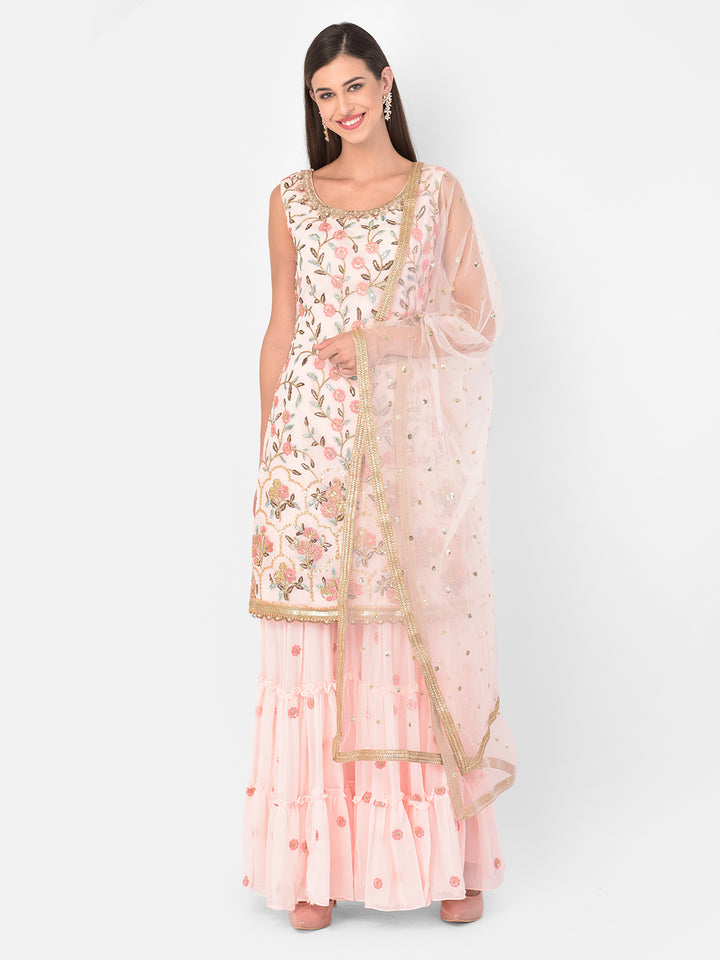 Neerus Pink georgette embroidered sharara set - detail view 6