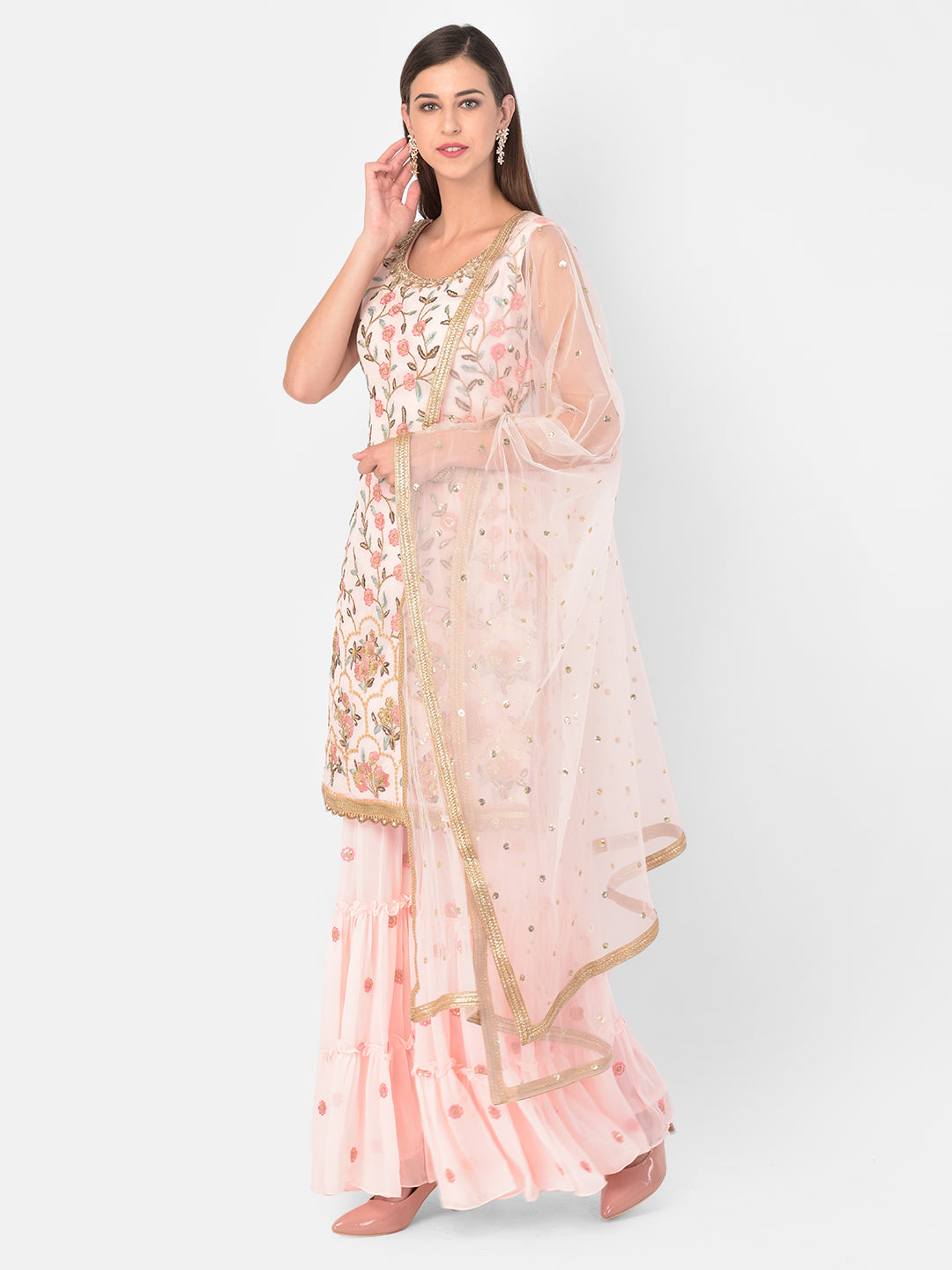 Neerus Pink georgette embroidered sharara set - front view