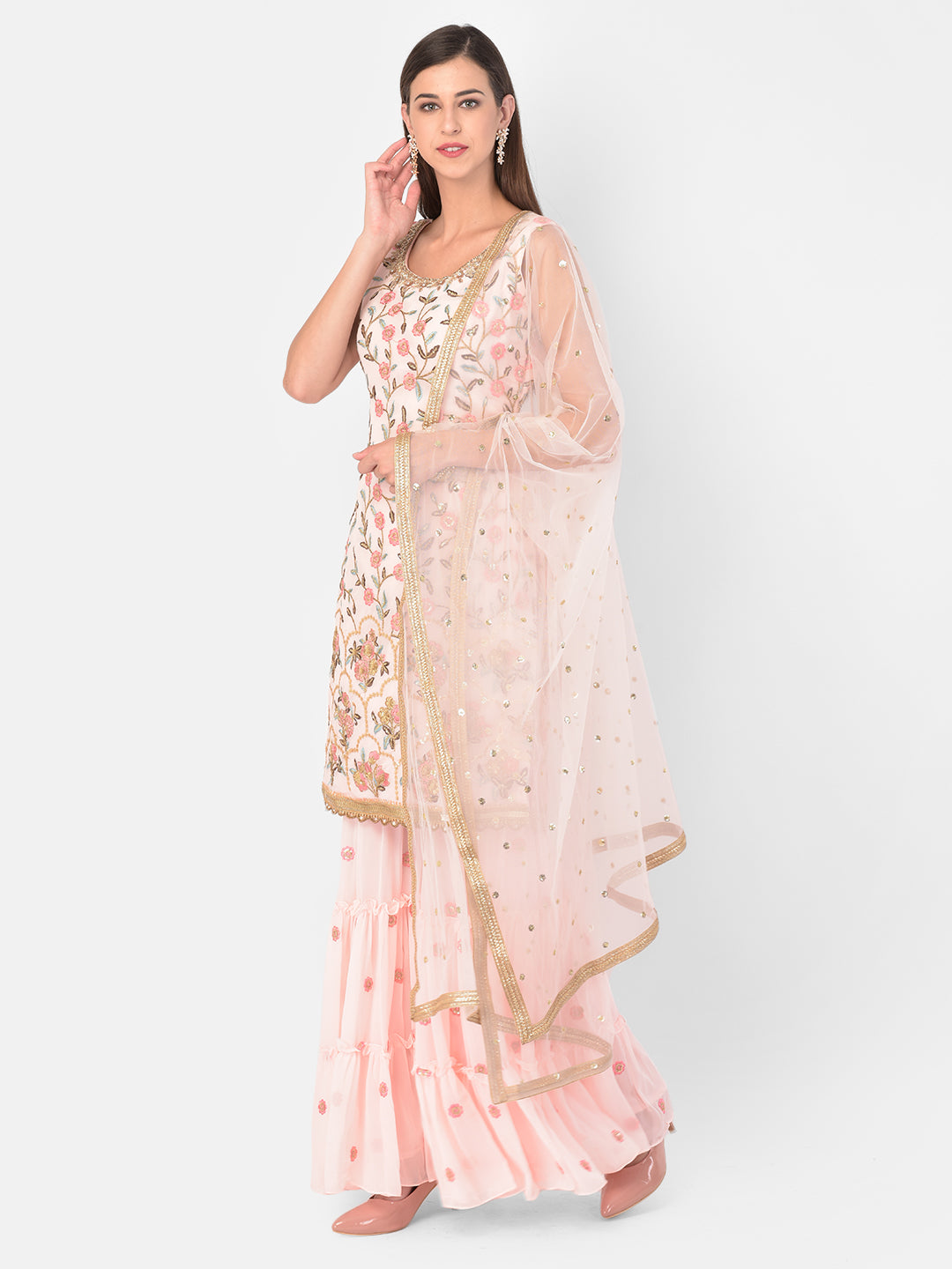 Neeru'S Pink Color, Georgette Fabric Suit-Gharara
