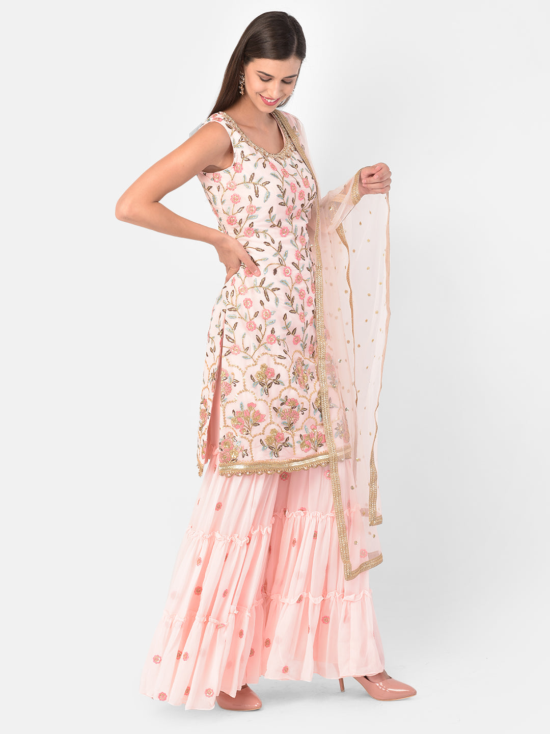 Neerus Pink georgette embroidered sharara set - back view