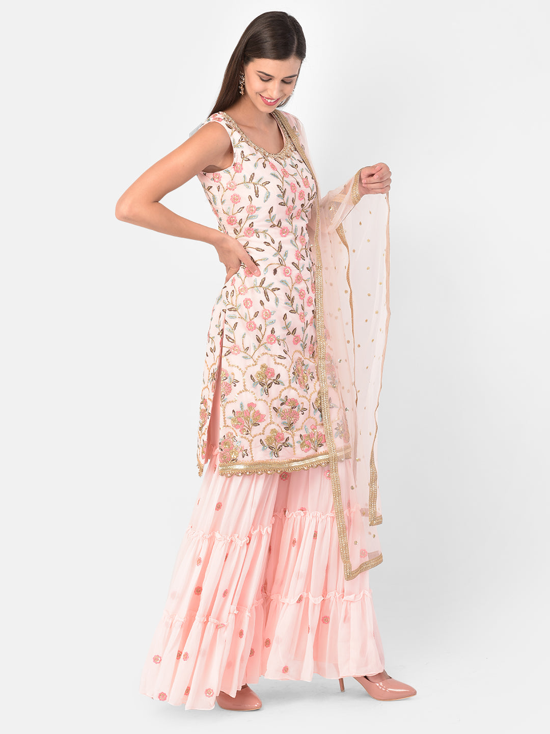 Neeru'S Pink Color, Georgette Fabric Suit-Gharara