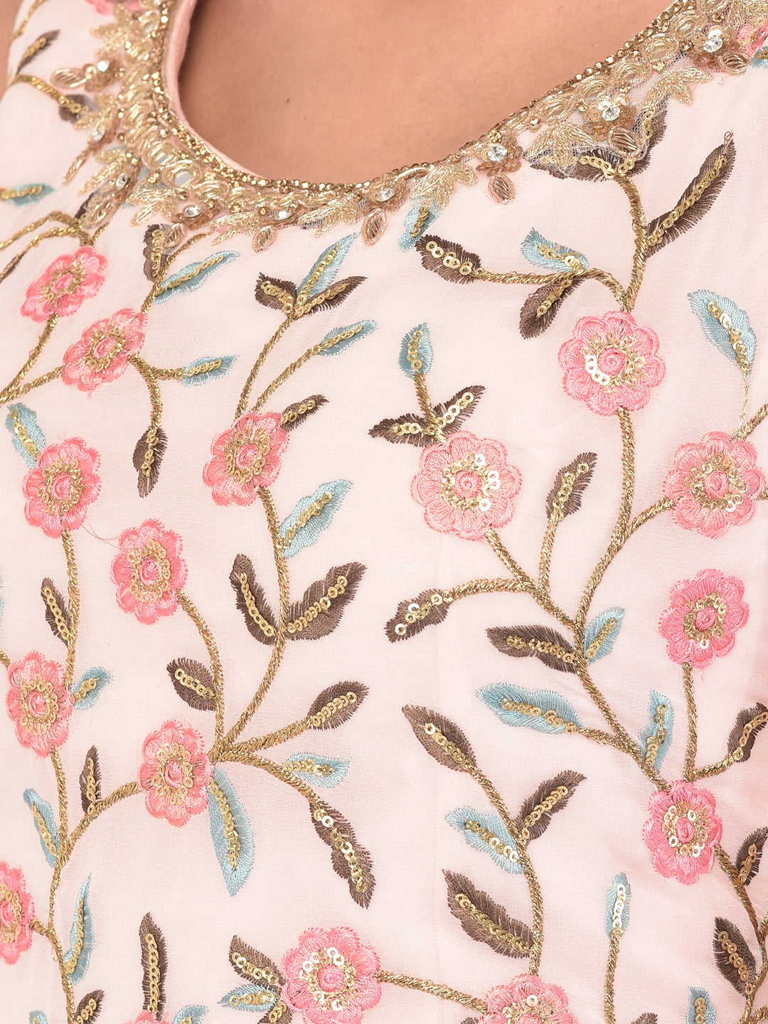 Neerus Pink georgette embroidered sharara set - detail view 5