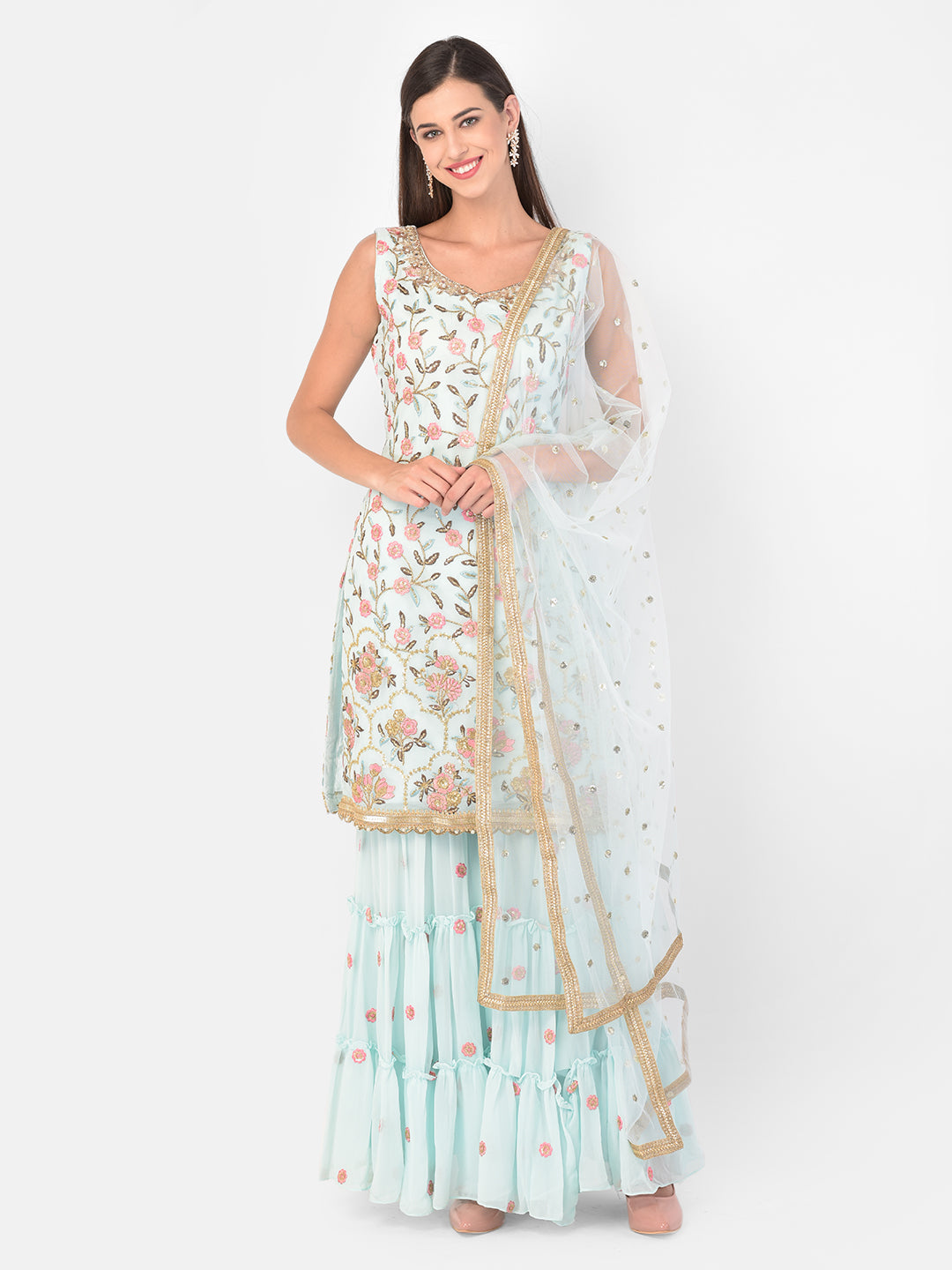Neerus Green georgette embroidered sharara set - detail view 6