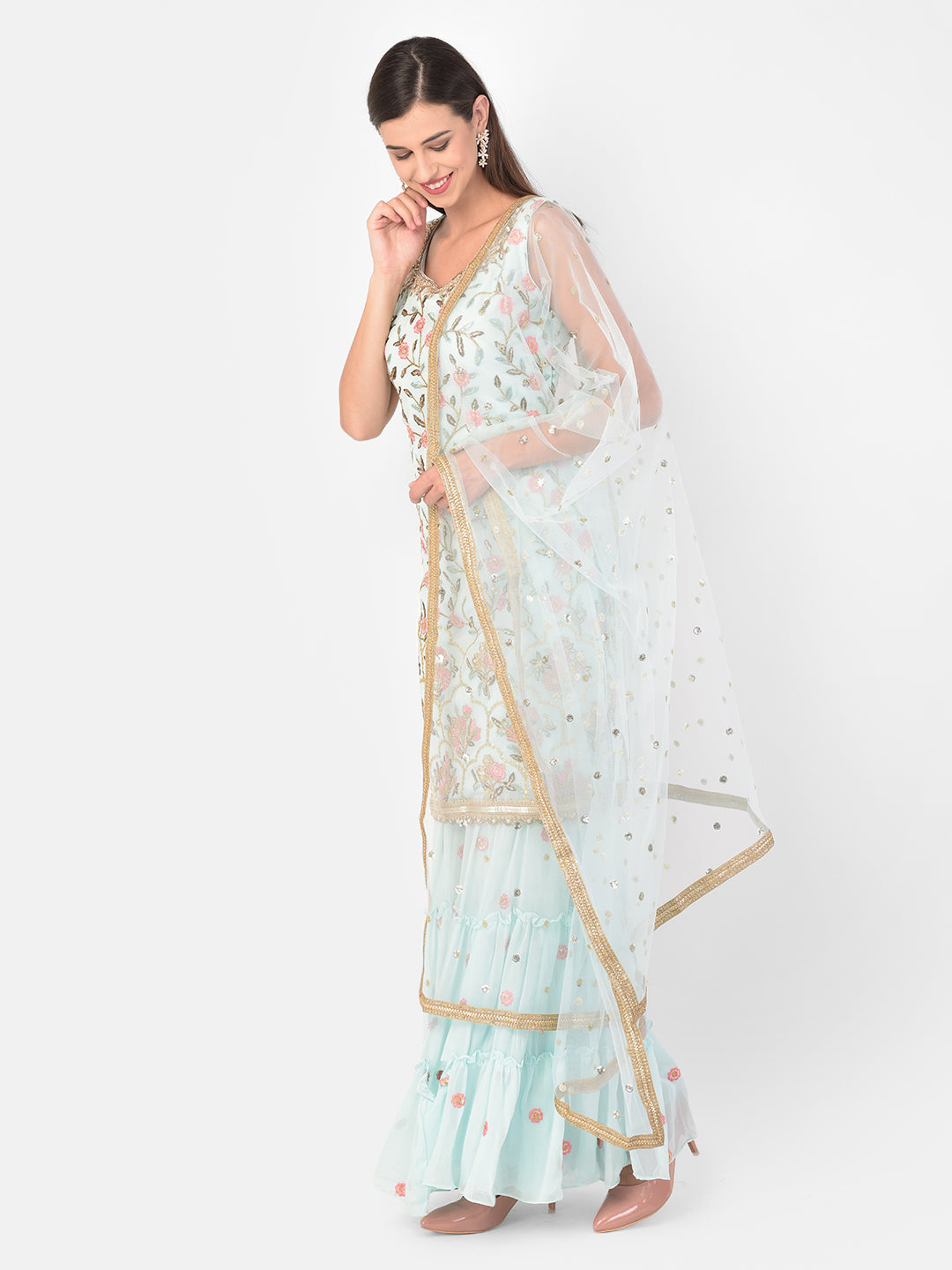 Neerus Green georgette embroidered sharara set - front view