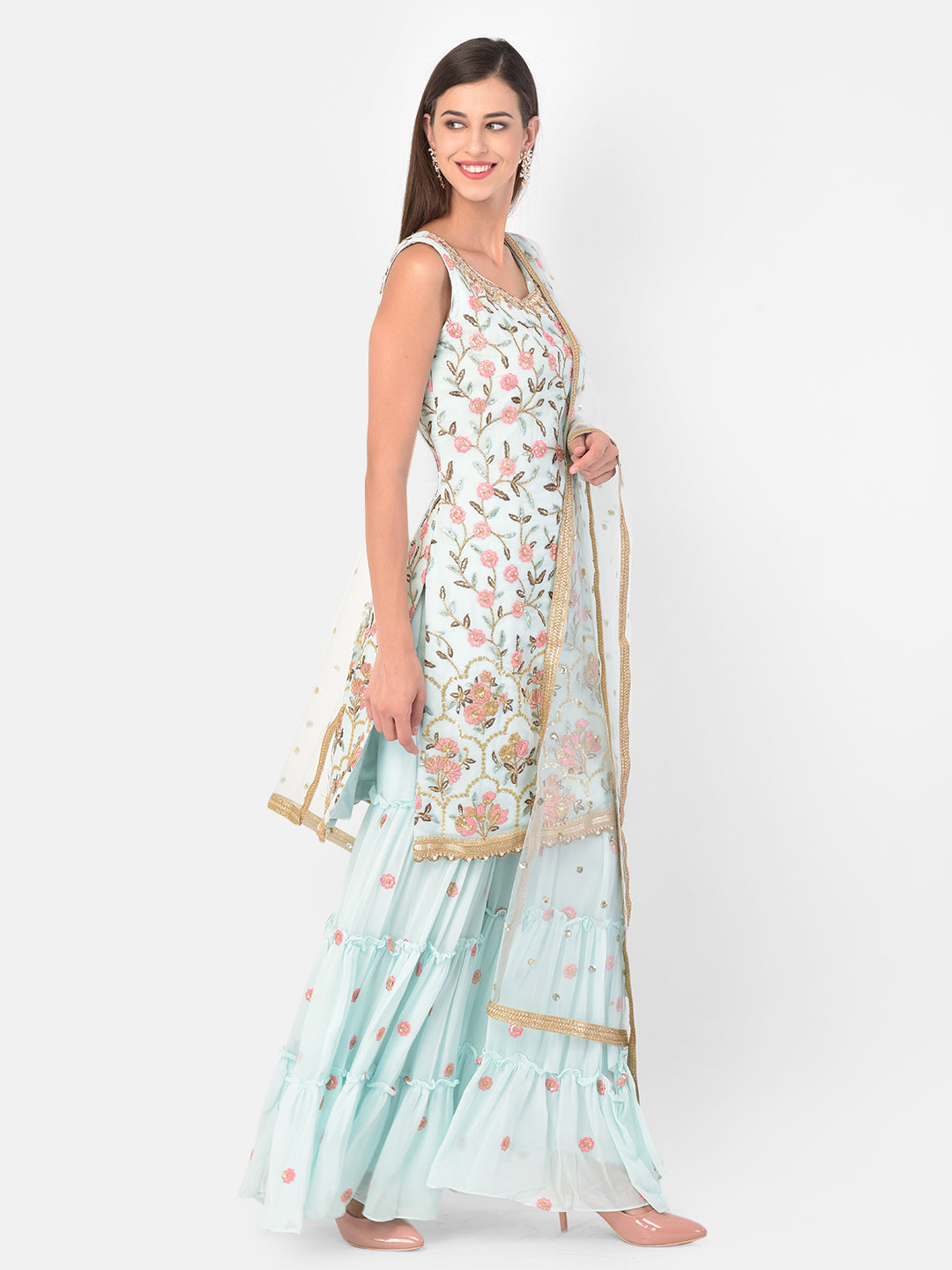 Neerus Green georgette embroidered sharara set - back view