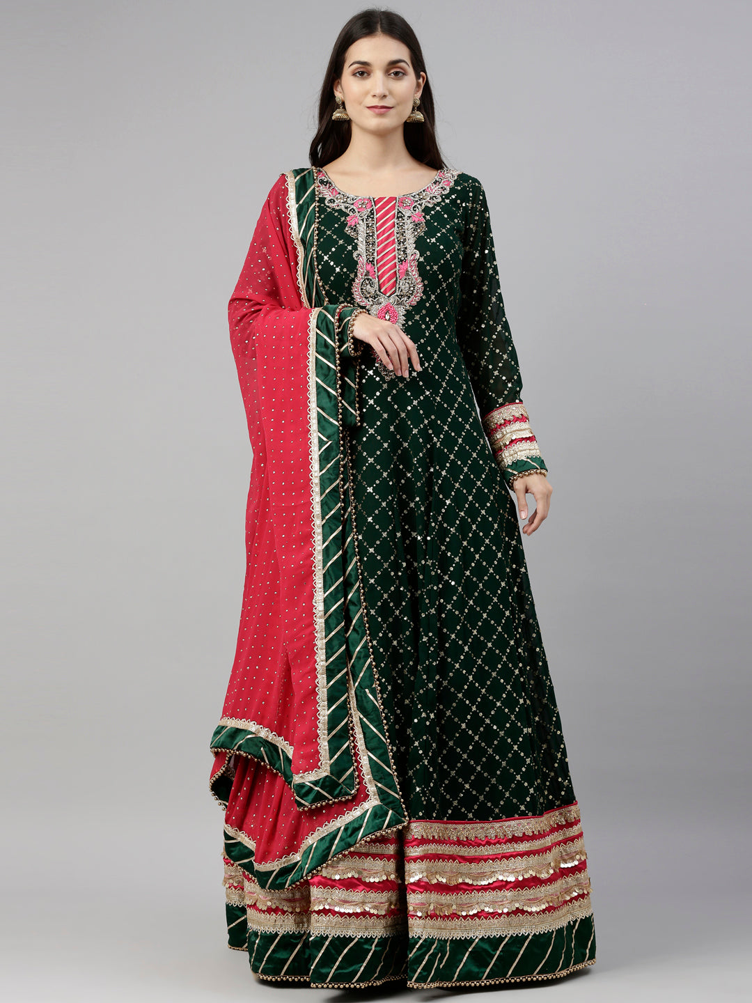 Neerus Green Georgette Gown - front view