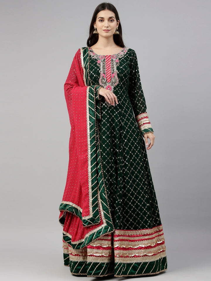 Neerus Green Georgette Gown - front view