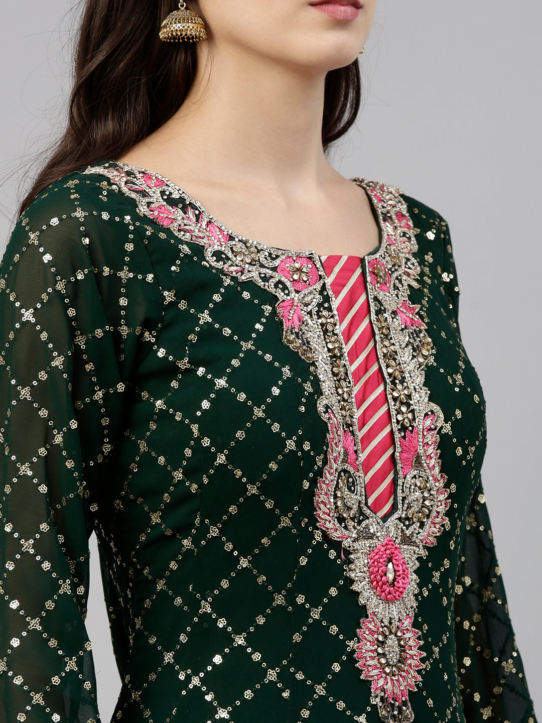 Neeru'S Bottle Green Color, Georgette Fabric Gown