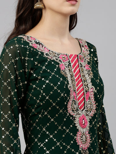 Neeru'S Bottle Green Color, Georgette Fabric Gown