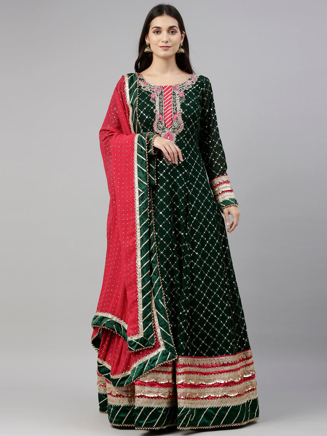 Neeru'S Bottle Green Color, Georgette Fabric Gown