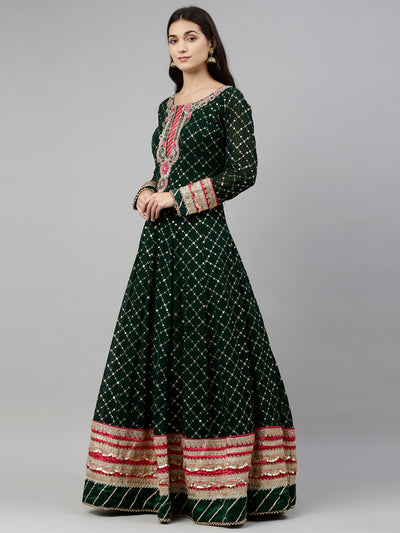 Neeru'S Bottle Green Color, Georgette Fabric Gown