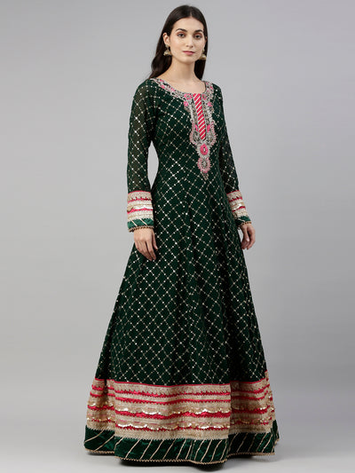 Neeru'S Bottle Green Color, Georgette Fabric Gown