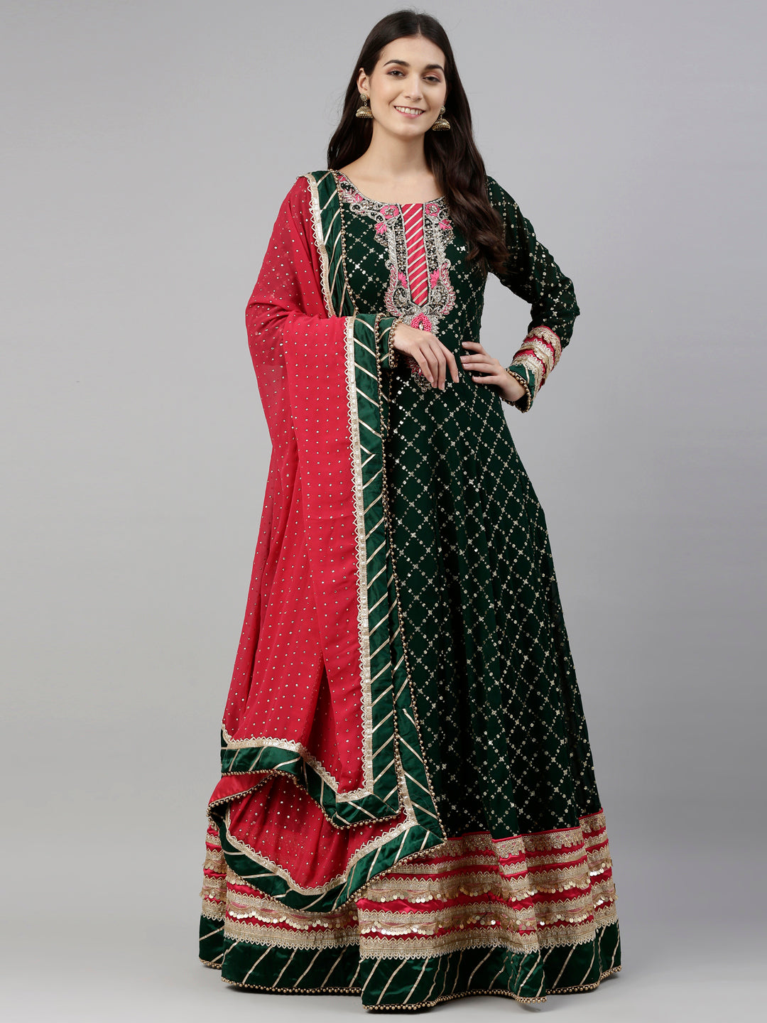 Neeru'S Bottle Green Color, Georgette Fabric Gown