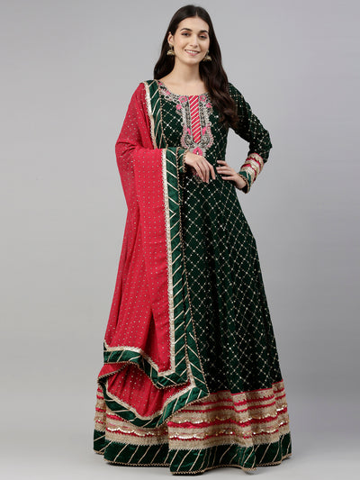 Neeru'S Bottle Green Color, Georgette Fabric Gown
