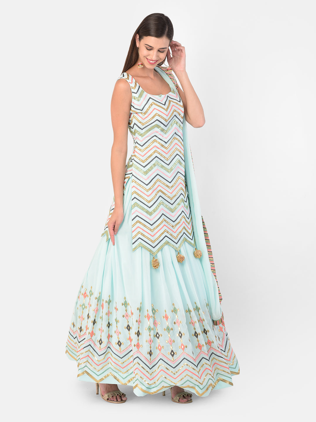 Neerus Blue Georgette Co-Ord Set Suit Skirt - front view