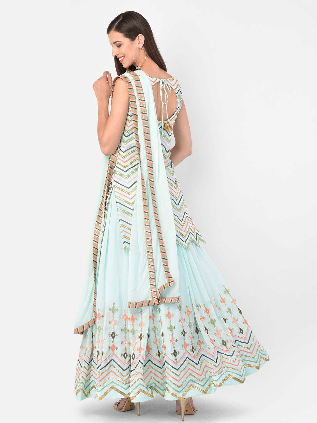 Neerus Blue Georgette Co-Ord Set Suit Skirt - back view