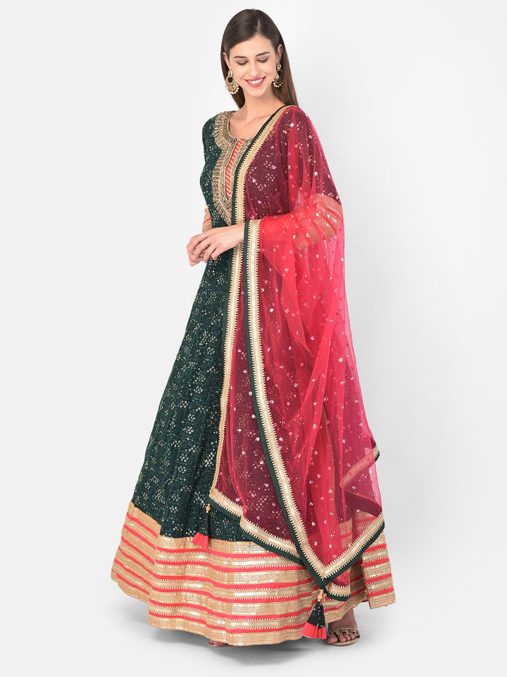 Neerus Green georgette solid gown - front view