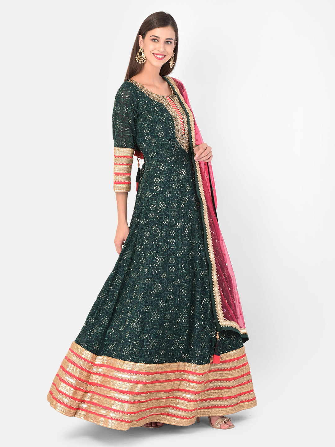 Neerus Green georgette solid gown - back view