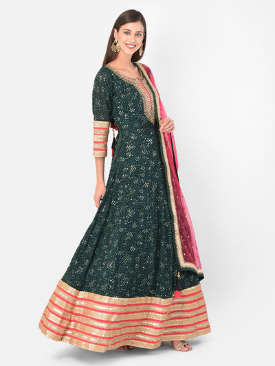Neeru's Bottle Green Color Georgette Fabric Gown