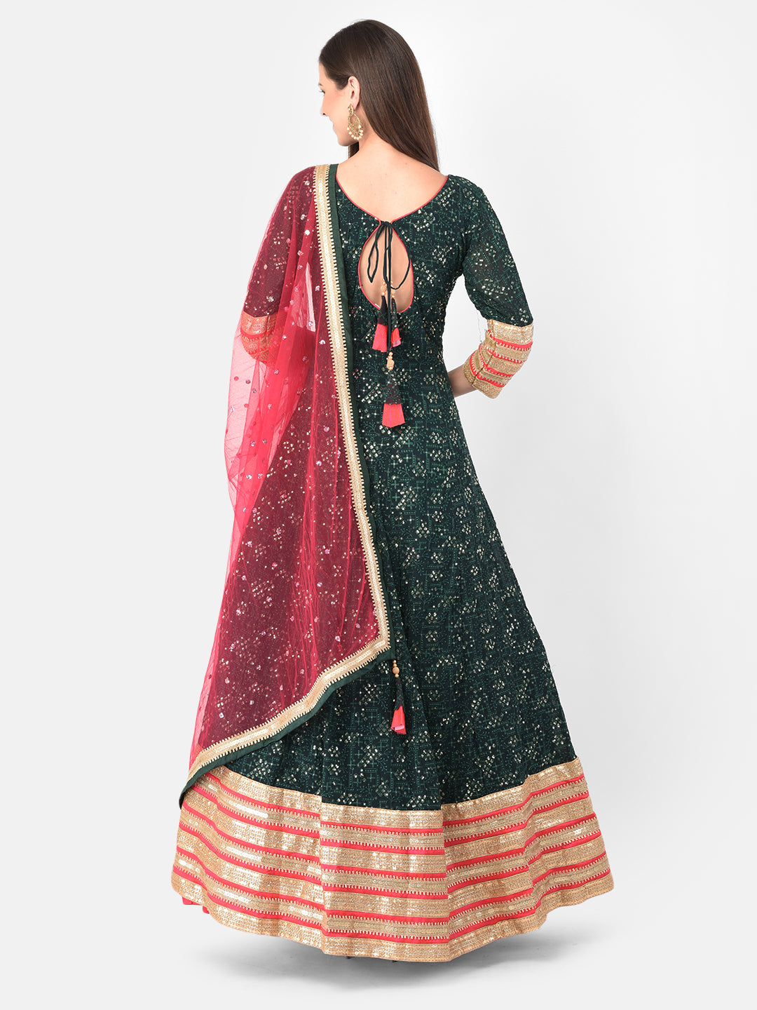 Neerus Green georgette solid gown - side view