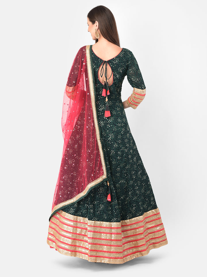Neerus Green georgette solid gown - side view