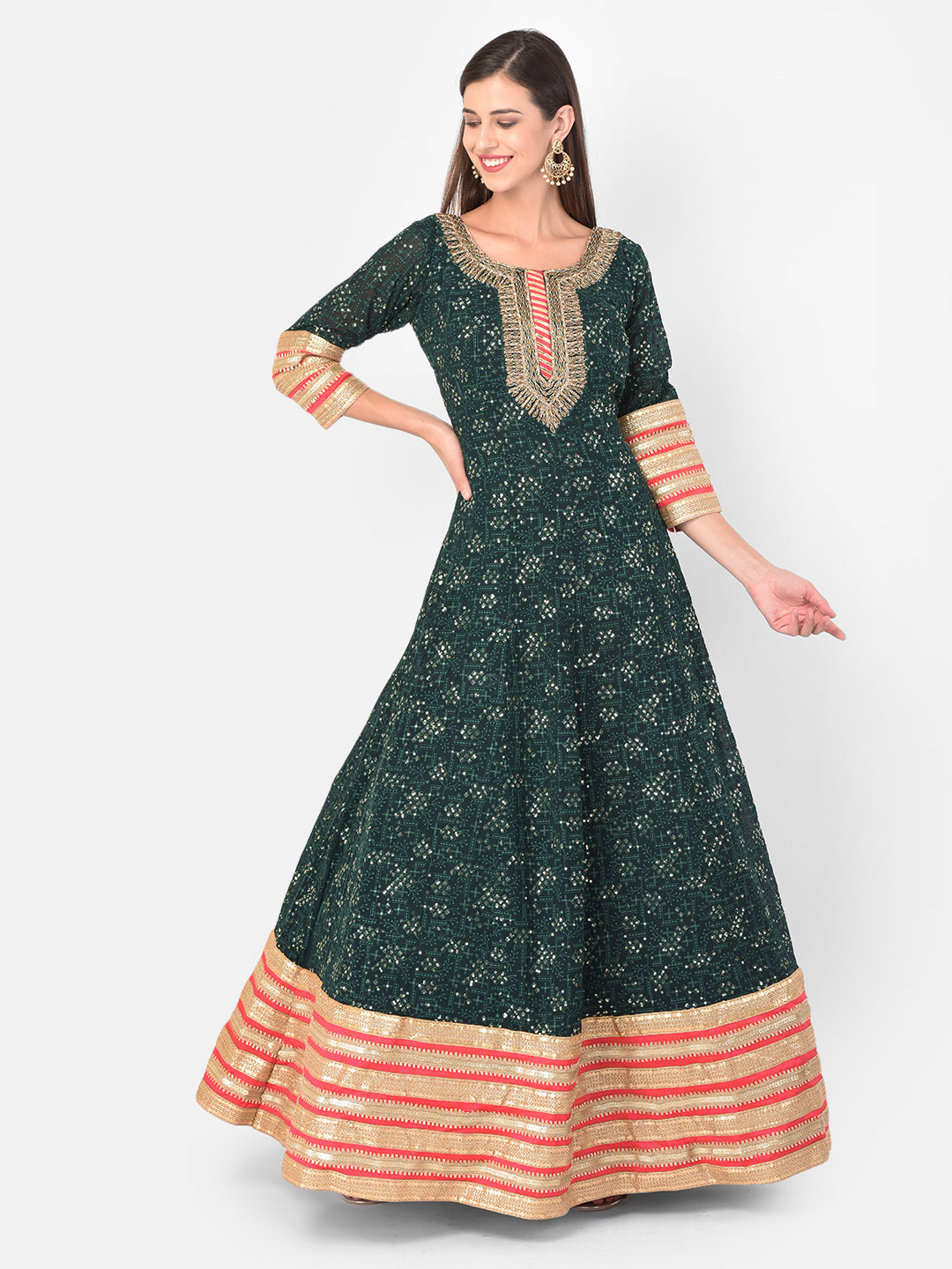 Neerus Green georgette solid gown - detail view 4