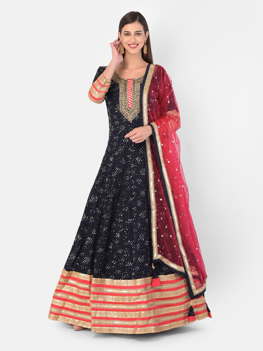 Neerus Navy Blue Color Georgette Fabric Gown