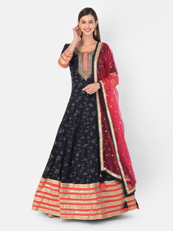 Neerus Navy Blue Color Georgette Fabric Gown