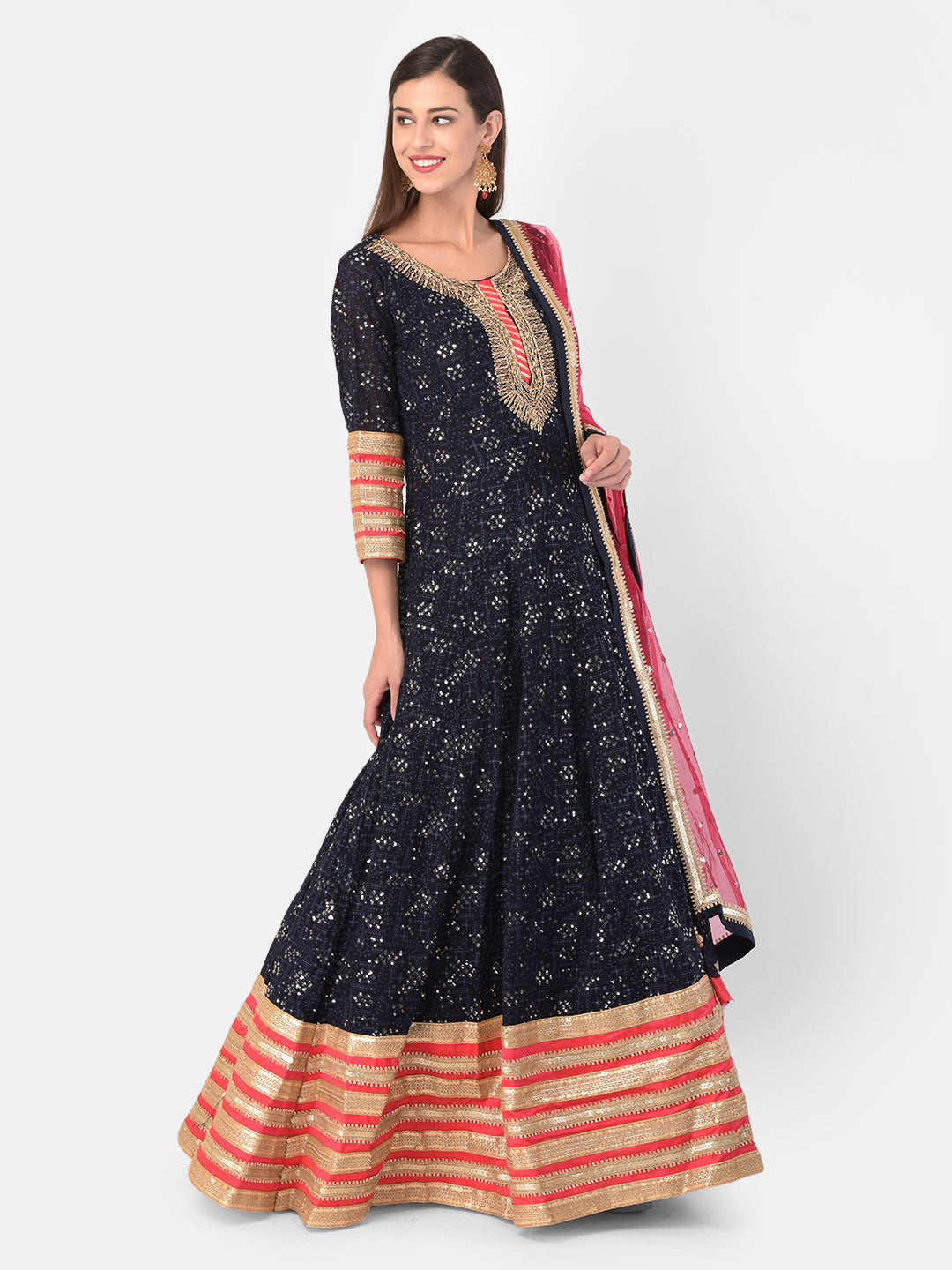 Neerus Navy Blue Color Georgette Fabric Gown