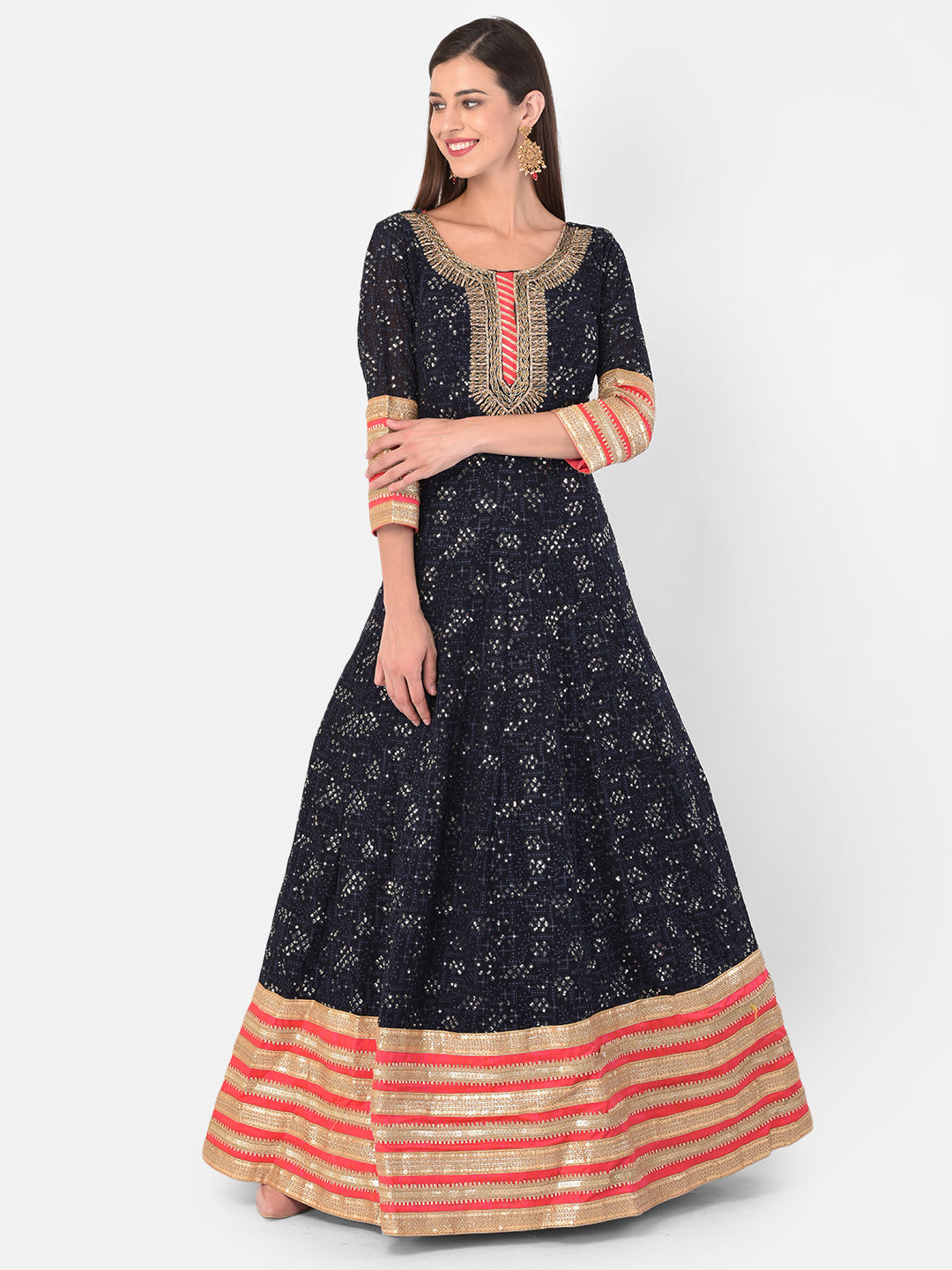 Neerus Navy Blue Color Georgette Fabric Gown