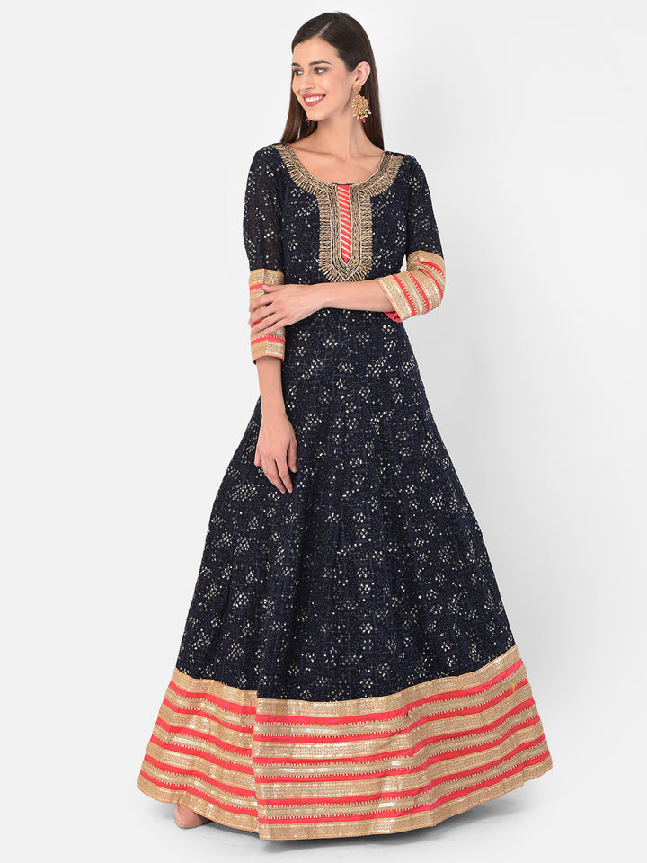 Neerus Navy Blue Color Georgette Fabric Gown